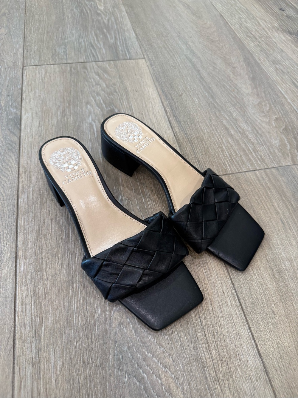 Vince Camuto Black Braided Square-Toe Slide Heels